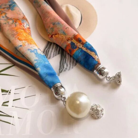 2/$30 Magnetic Snap Silky Blue Scarf Beads Pearl Headband Bandana Bag Decor - Picture 7 of 7